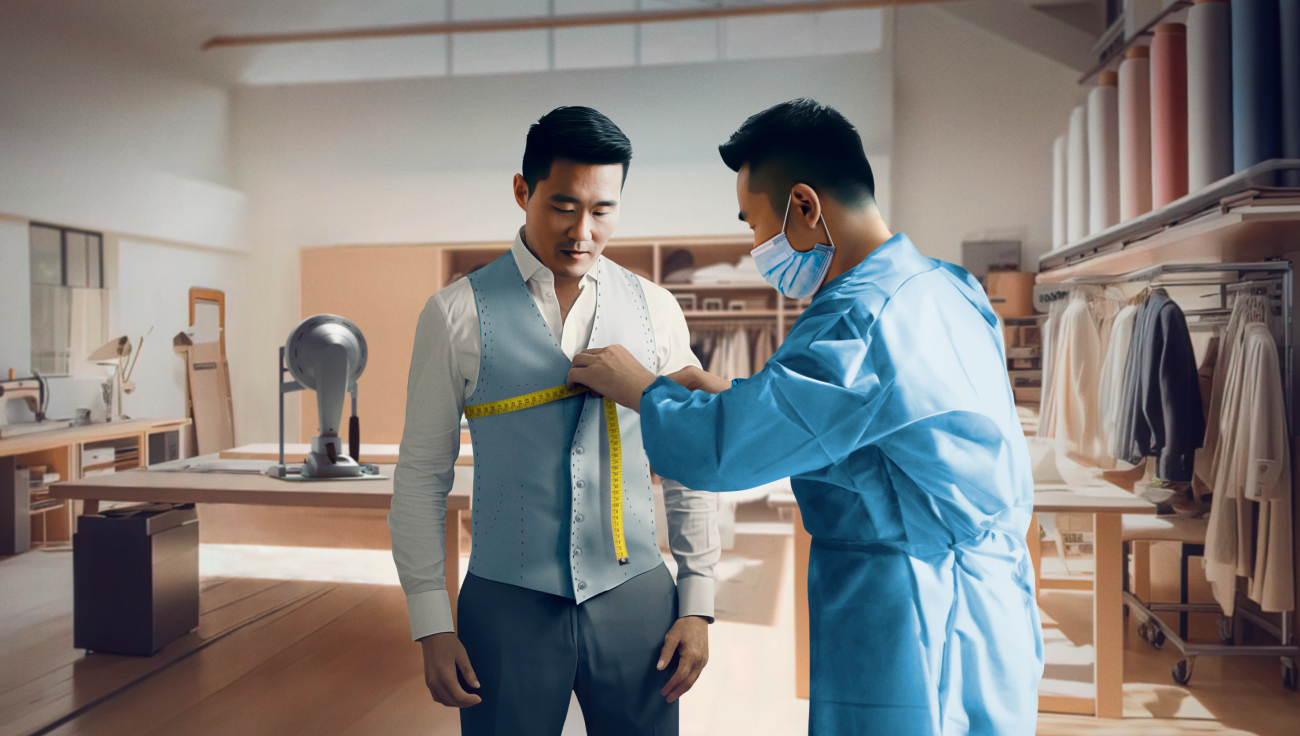 Surgeon collecting measurements of another person in a tailor's studio