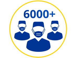 Three person icon with the number of surgeons in a yellow ring