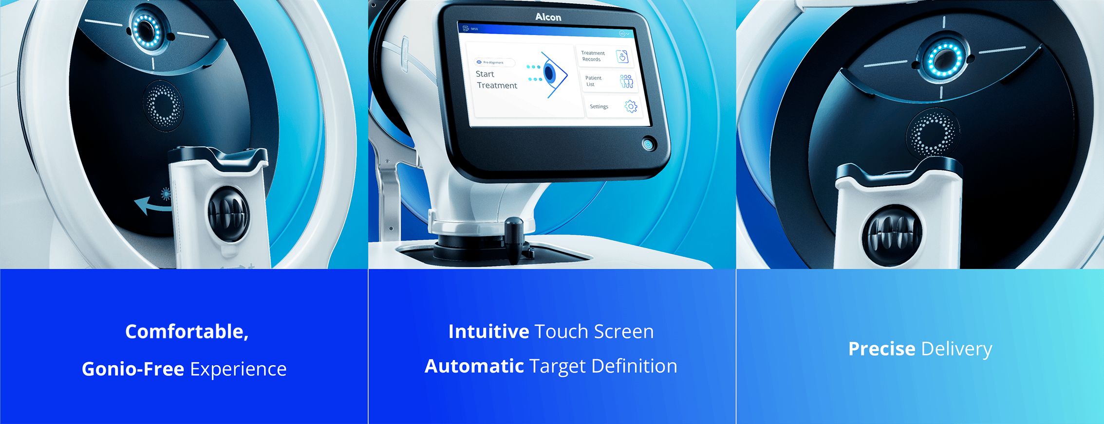 Three images showcasing the Alcon DSLT glaucoma treatment laser system. The first image highlights the device's ergonomic design and comfortable gonio-free experience. The second image shows the intuitive touch screen interface with automatic target definition. The third image focuses on the precision delivery mechanism of the device."