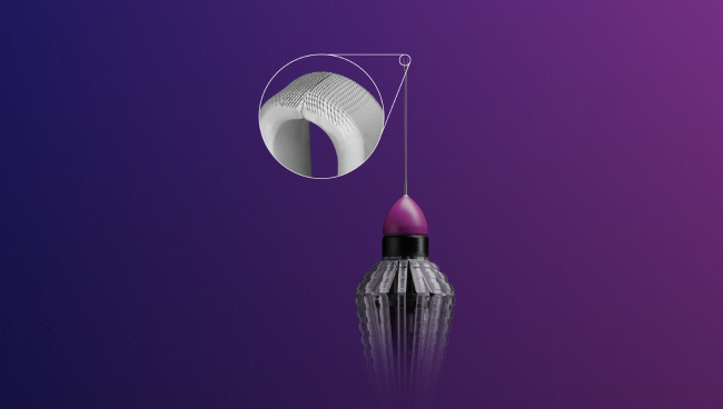 An image of the FINESSE SHARKSKIN ILM Forceps. A zoomed-in image in a circle displays the laser-ablated microstructures on the tips of the forceps. The device appears on a purple background.
