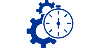 Een blauw pictogram van twee versnellingen en een stopwatch.  