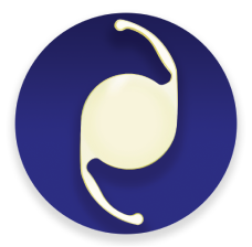 Illustratie van een AcrySof IQ IOL op een blauwe cirkel.