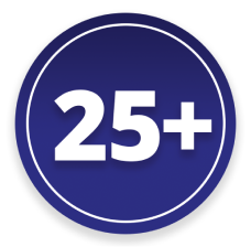 Grote witte tekst met de tekst "25+" op een blauwe cirkel.  