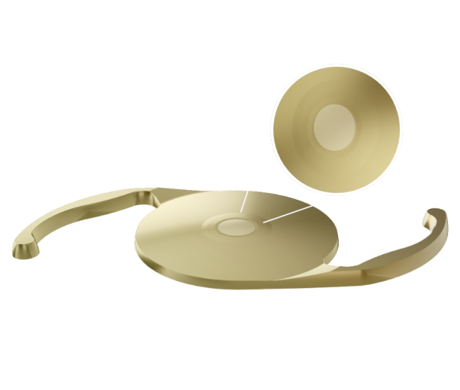 Gouden 3-dimensionale afbeelding van de AcrySof IQ Vivity® IOL met witte grafische lijnen die de aandacht vestigen op het midden van de lens en het licht verhoogde gladde plateau benadrukken dat bijdraagt aan de wavefront shaping-technologie van de lens.  