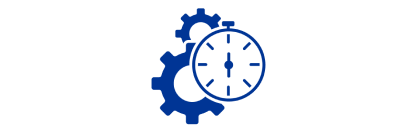 Een blauw pictogram van twee versnellingen en een stopwatch.  