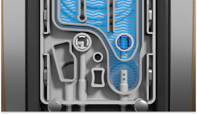 Een close-up afbeelding van het QuickValve Technology onderdeel van het CENTURION Vision Systeem. Blauwe lijnen geven aan hoe vloeistof in de aspiratielijn wordt afgegeven om de piek te verminderen en de gewenste IOP te handhaven.