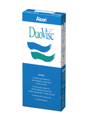 Alcon’s DuoVisc OVD product box. This product contains 0.35 ml of Viscoat and 0.40 ml of ProVisc.