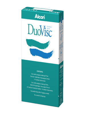 Alcon’s DuoVisc OVD product box. This product contains 0.50 ml of Viscoat and 0.55 ml of ProVisc.