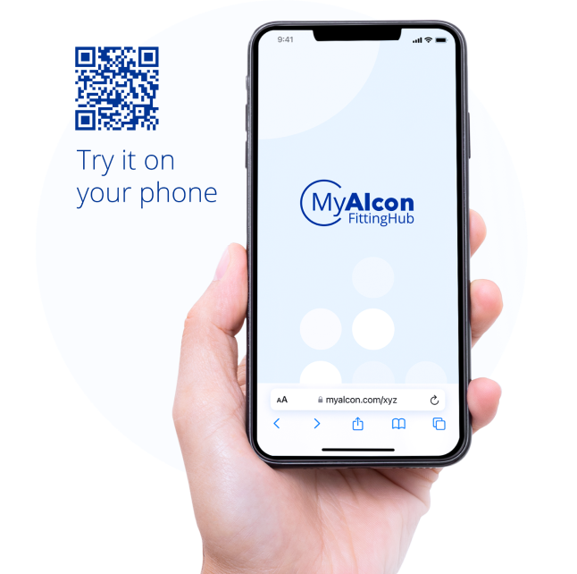 Smartphone with open myalcon FittingHub page