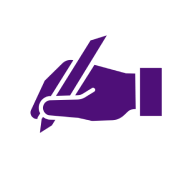 Donkerpaars pictogram van een hand die een pen vasthoudt in een schrijfpositie.