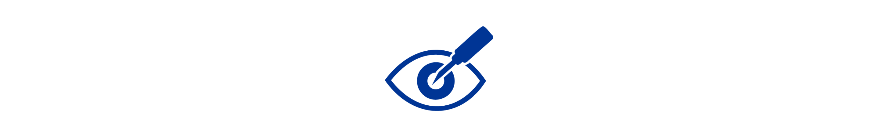 Een blauw pictogram van een scalpel die naar een oog wijst. 
