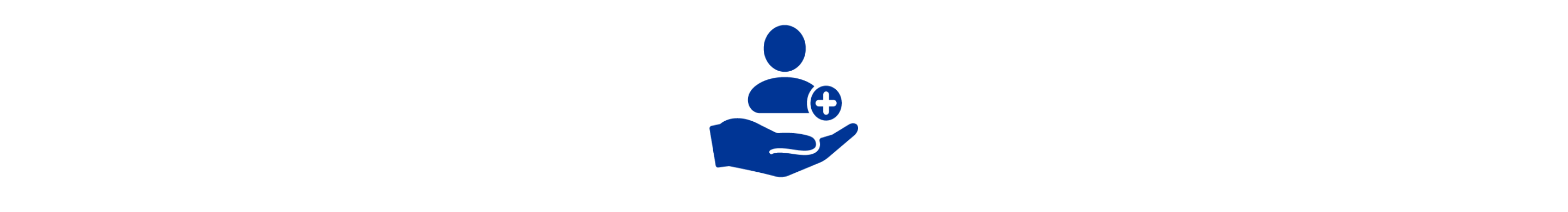 Een blauw pictogram van een hand die een persoon omhoog houdt naast een blauw kruis.  