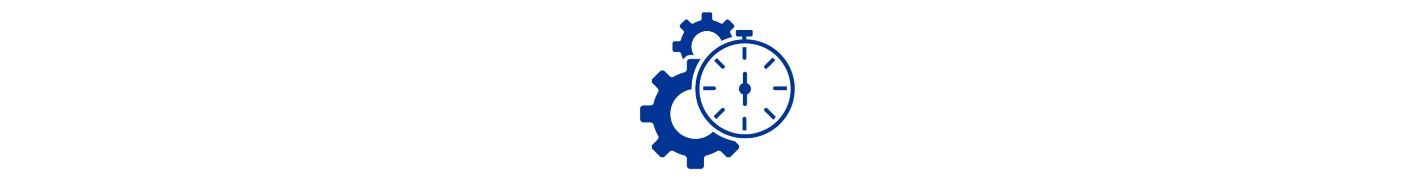 Een blauw pictogram van twee tandwielen achter een stopwatch. 