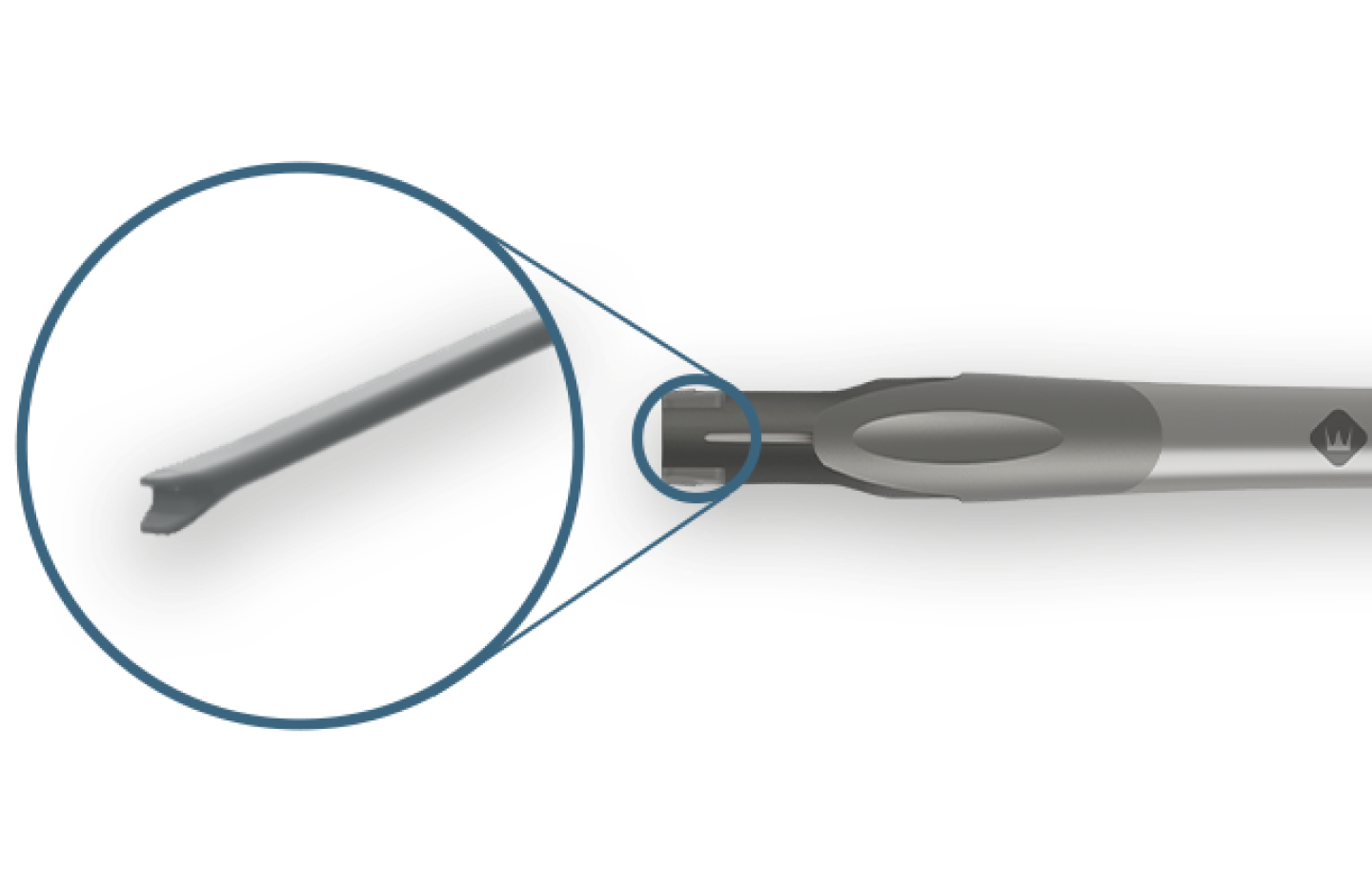 De Clareon Monarch IV Handpiece ligt horizontaal. Een blauwe cirkel is geplaatst op het apparaat om de aandacht te vestigen op de plunjerpunt.