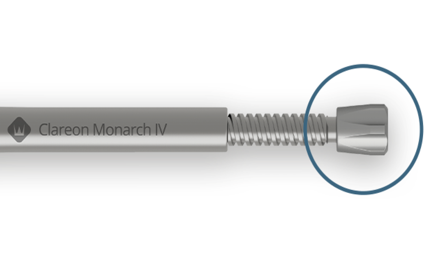 De Clareon Monarch IV Handpiece ligt horizontaal. Een blauwe cirkel is geplaatst op de vergrote draaiknop om de aandacht te vestigen.