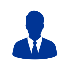 Een blauw pictogram van een man in een pak.