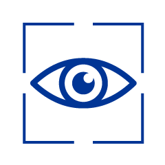 Een blauw pictogram van een oog in een blauw vierkant.