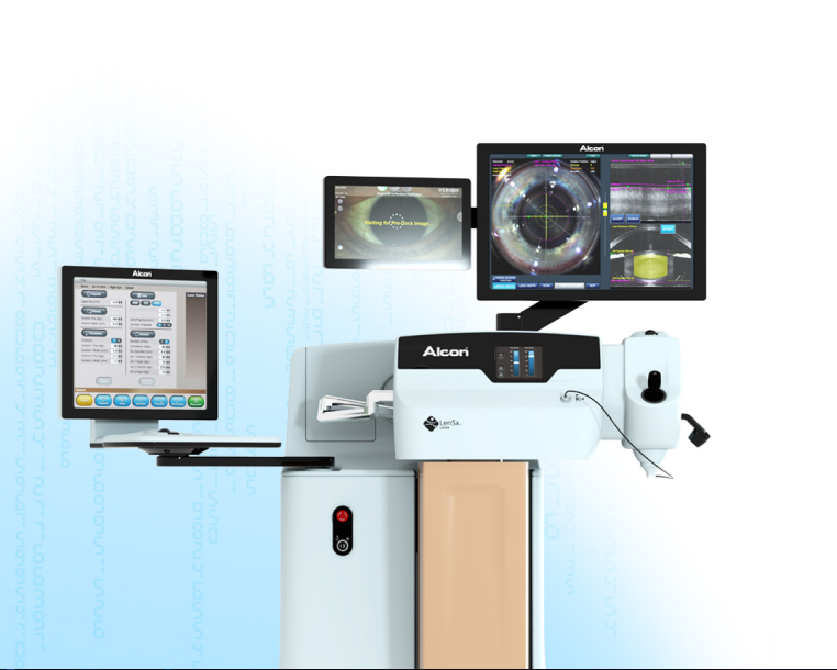 Een afbeelding van Alcon's LenSx Laser Systeem op een verloop van wit en blauw achtergrond.