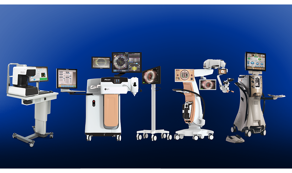 Een afbeelding van verschillende chirurgische apparaten van Alcon op een donkerblauwe achtergrond. De ARGOS Biometer, LenSx Laser System, Verion Digital Marker, LuxOR Revalia oogheelkundige microscoop, Centurion Vision System, ORA SYSTEM intraoperatieve Abberometer.  