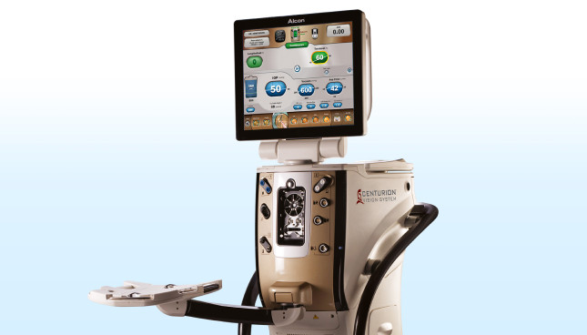 CENTURION Vision System met ACTIVE SENTRY handstuk voor een lichtblauwe achtergrond.  