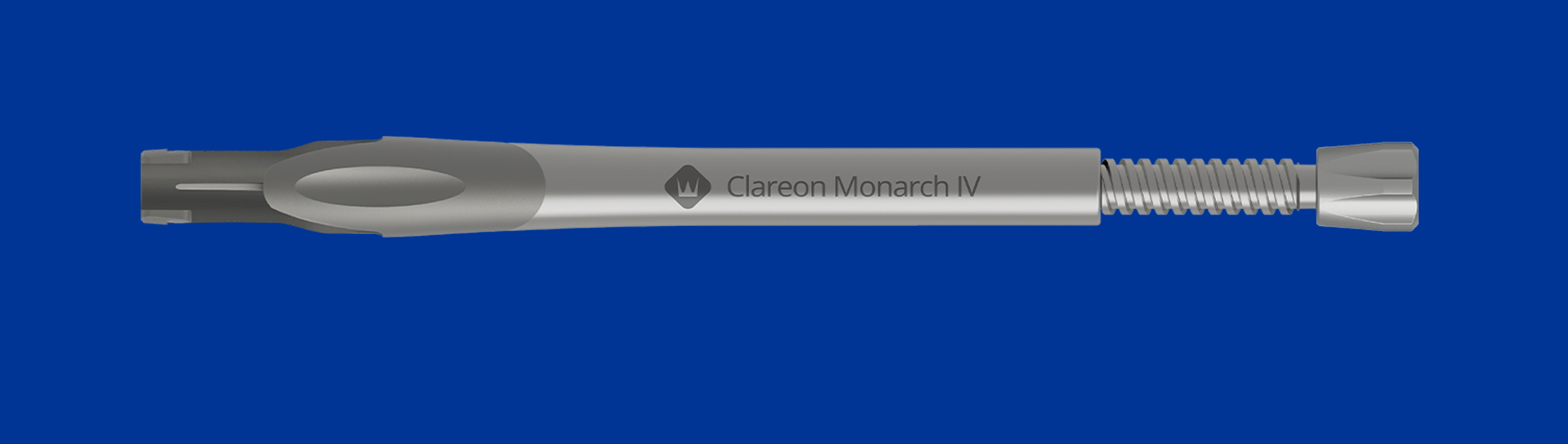 De Clareon Monarch IV Handpiece ligt horizontaal voor een donkerblauwe achtergrond. Drie ronde knoppen met een "plus-teken" in het midden geven de interessante gebieden op de Clareon Monarch IV Handpiece aan.