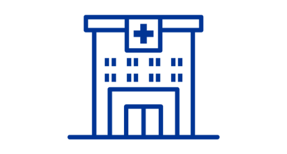 Donkerblauw ziekenhuisgebouw dat een ambulant chirurgisch centrum voorstelt.  