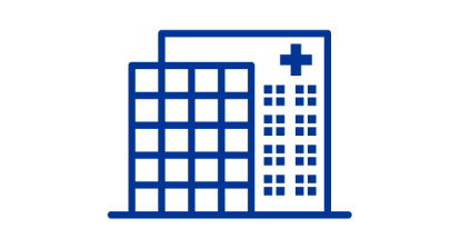 Pictogram van een ziekenhuisgebouw in donkerblauw. 