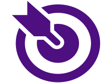 Donkerpaars pictogram van een doelwit met een pijl in het midden.