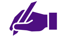 Donkerpaars pictogram van een hand die een pen vasthoudt in een schrijfpositie.