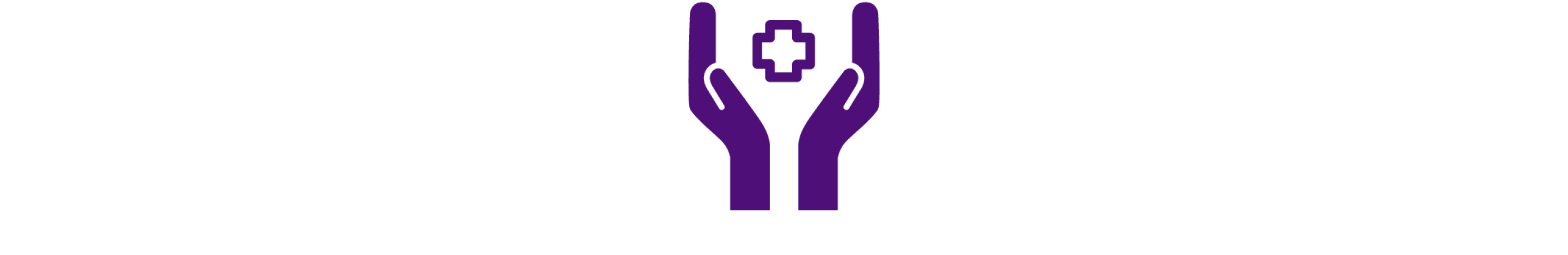 Donkerpaars pictogram van open handen met een medisch symbool tussen de handpalmen.