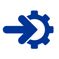 Een blauw pictogram van een pijl die naar een tandwiel wijst.