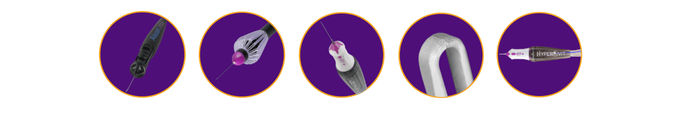 Afbeeldingen van Alcon's 25+/27+ portfolio geplaatst op paarse achtergronden. De Vektor lasersonde, Finesse Reflex, Advanced Ultravit sonde, Finesse Sharkskin, Hypervit sonde.  