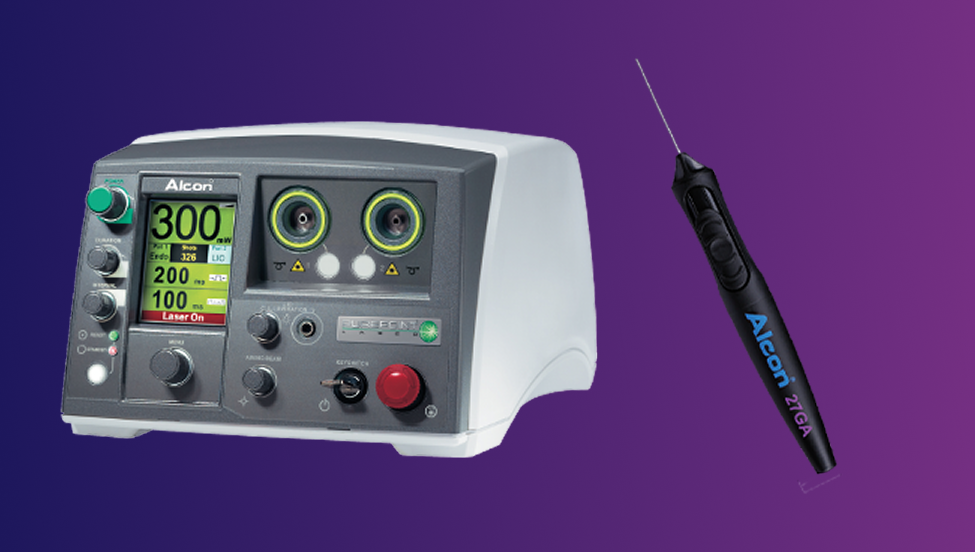 Een afbeelding van het PUREPOINT Laser System naast de afbeelding van de 27 Gauge VEKTOR Articulating Illuminated Laser Probe. De twee apparaten verschijnen naast elkaar op een paarse achtergrond. 