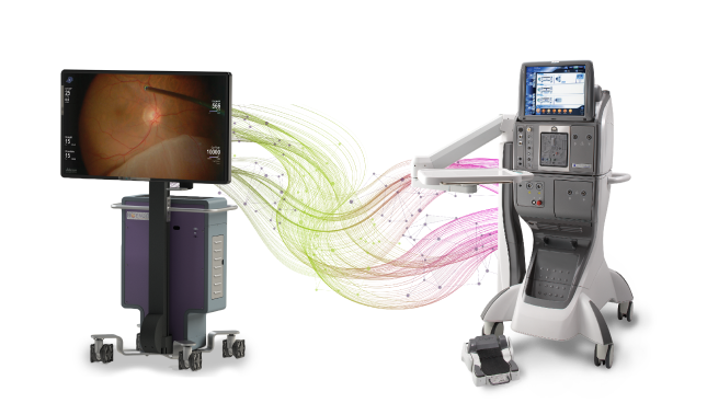 NGENUITY 3D visualisatiesysteem en het CONSTELLATION Vision System op een witte achtergrond met groene en paarse lijnen ertussen om de DATAFUSION-integratie aan te geven.   