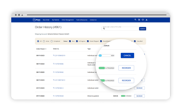 Capture d’écran de la page d’historique des commandes sur la plateforme MARLO, montrant une liste de commandes passées avec les statuts comme « En cours » et des options pour re-commander ou annuler