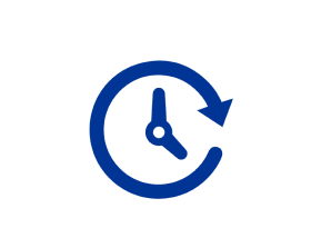Pictogram van een donkerblauwe klok met ronde pijl eromheen op een lichtblauwe achtergrond.  