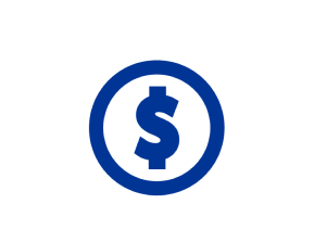Donkerblauw dollarteken in een cirkel op een lichtblauwe achtergrond. 