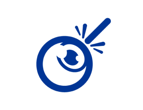 Donkerblauw pictogram met een scalpel die een oog nadert op een lichtblauwe achtergrond.  