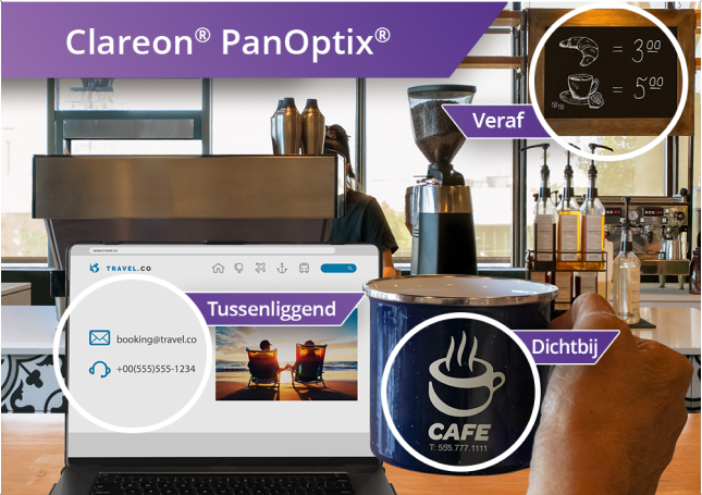 Koffiebar met uitzicht vanaf de toonbank op koffiemachines en andere ingrediënten. Een laptop staat open op het aanrecht en iemands hand houdt een koffiemok omhoog rechts van het laptopscherm.   De afbeelding heeft 3 cirkels die inzoomen op verschillende aspecten van de afbeelding. Een van de cirkels staat op het laptopscherm om een intermediair zicht met de AcrySof IQ PanOptix lens te laten zien. Een andere cirkel staat op de koffiemok om een dichtbij beeld met de AcrySof IQ PanOptix lens te laten zien. De laatste cirkel staat op het menubord van het café om een vergezicht met de AcrySof IQ PanOptix lens te laten zien.