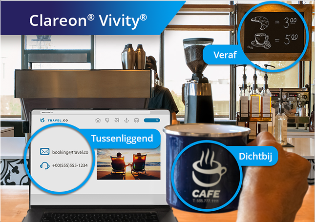 Twee identieke afbeeldingen naast elkaar vanuit het perspectief van iemand die op hun laptop in een café zit en een kop koffie vasthoudt.  De afbeelding aan de linkerkant toont dit perspectief vanuit het gezichtspunt van iemand met een monofocale IOL. Er zijn drie grijze cirkels met tekst. Elke cirkel benadrukt het zicht van iemand met een monofocale IOL op nabij, tussenafstand en verre afstand, waarbij de nabije en tussenafstandspunten onscherp zijn, en het verre afstandspunt scherp in beeld is.  De afbeelding aan de rechterkant toont dit perspectief vanuit het gezichtspunt van iemand met een Clareon Vivity IOL. Er zijn drie blauwe cirkels met tekst. Elke cirkel benadrukt het zicht van iemand met de Clareon Vivity IOL op nabij, tussenafstand en verre afstand, waarbij alle focuspunten scherp in beeld zijn.