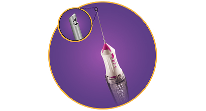 Een productfoto van de 27+ Gauge Hypervit sonde met een close-up van de sondepunt.  
