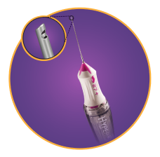 Een productfoto van de 27+ Gauge Hypervit sonde met een close-up van de sondepunt.  