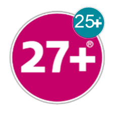 Een grote roze cirkel met de tekst 27+. Rechtsboven staat een kleinere groenblauwe cirkel met de tekst 25+.  