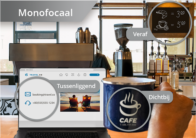 Twee identieke afbeeldingen naast elkaar vanuit het perspectief van iemand die op hun laptop in een café zit en een kop koffie vasthoudt.  De afbeelding aan de linkerkant toont dit perspectief vanuit het gezichtspunt van iemand met een monofocale IOL. Er zijn drie grijze cirkels met tekst. Elke cirkel benadrukt het zicht van iemand met een monofocale IOL op nabij, tussenafstand en verre afstand, waarbij de nabije en tussenafstandspunten onscherp zijn, en het verre afstandspunt scherp in beeld is.  De afbeelding aan de rechterkant toont dit perspectief vanuit het gezichtspunt van iemand met een Clareon Vivity IOL. Er zijn drie blauwe cirkels met tekst. Elke cirkel benadrukt het zicht van iemand met de Clareon Vivity IOL op nabij, tussenafstand en verre afstand, waarbij alle focuspunten scherp in beeld zijn.