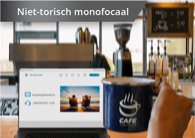 Iets onscherp beeld van een koffiewinkel met uitzicht vanaf de toonbank op koffiemachines en andere ingrediënten. Een laptop staat open op het aanrecht en iemands hand houdt een koffiemok omhoog rechts van het laptopscherm. In de witte tekst in de linkerbovenhoek van deze afbeelding staat "Monofocaal".  