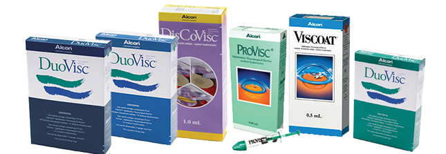 Productfoto's van Alcon's oogheelkundige viscochirurgische hulpmiddelen: DuoVisc, DisCoVisc, ProVisc, Viscoat, DuoVisc.