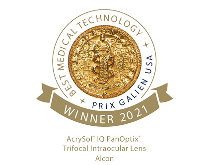 Een afbeelding van een gouden medaille waarop de AcrySof IQ PanOptix Trifocal Intraocular Lens van Alcon staat afgebeeld als winnaar van de Prix Galien USA 2021 voor beste medische technologie.