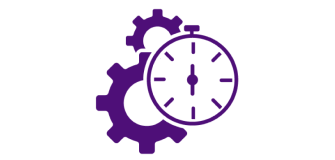 Een paars pictogram met een stopwatch met 2 tandwielen erachter.