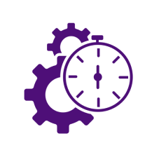 Een paars pictogram met een stopwatch met 2 tandwielen erachter.