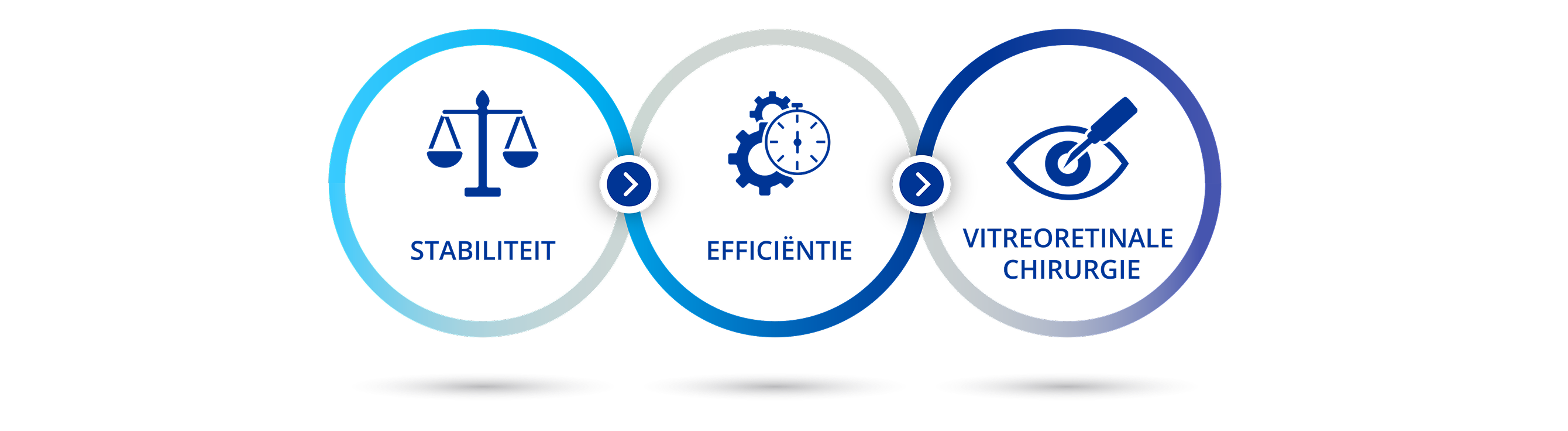 Een diagram dat de drie secties van deze webpagina illustreert. Een icoon van een weegschaal met daaronder "Stabiliteit".  Een pictogram van twee tandwielen en een stopwatch met daaronder de tekst "Efficiëntie". Een icoon van een scalpel die naar een oog wijst met daaronder "Vitreoretinale chirurgie".